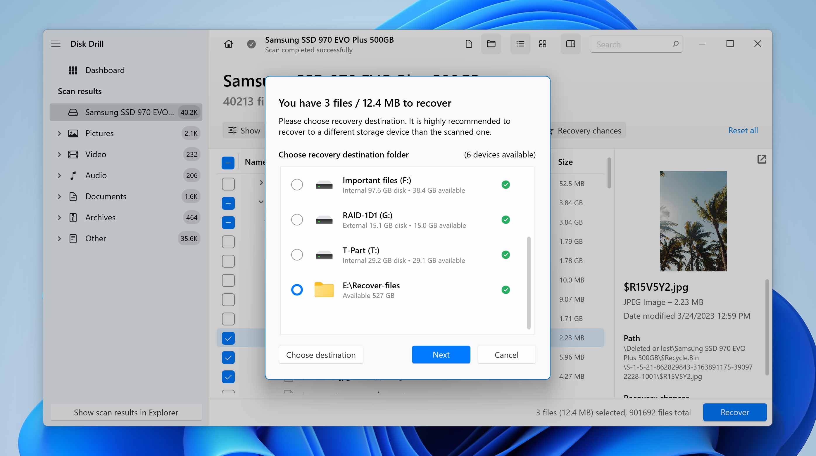 Image demonstrating the recovery of found files from the Recycle Bin using Data Recovery Software